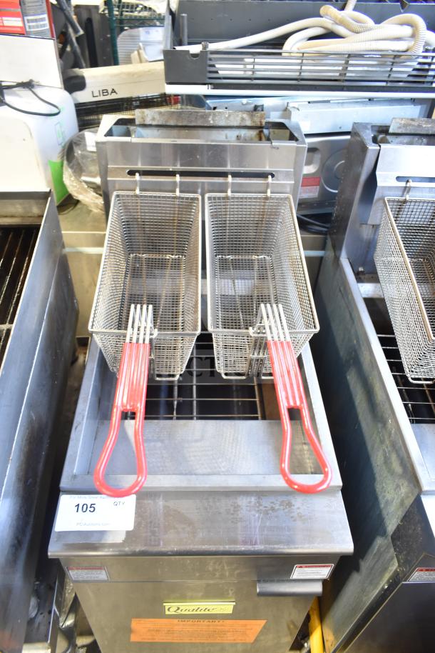 2024 Qualite QL-9/NG commercial natural gas fryer with 2 metal baskets, 90,000 BTU, stainless steel, excellent condition.