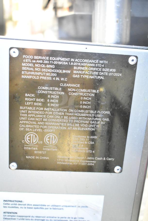 2024 Qualite QL-9/NG commercial deep fat fryer tag, 90,000 BTU, natural gas, model details, ETL listed, made in China.