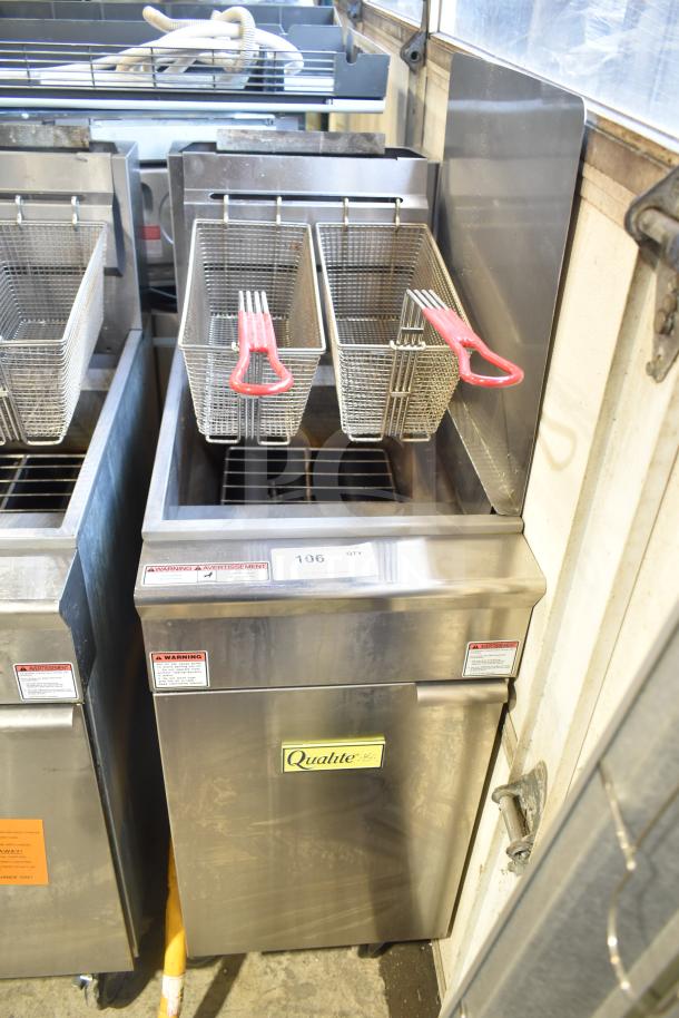 2024 Qualite QL-9/NG commercial gas fryer with 2 baskets, 90,000 BTU, on casters, stainless steel, excellent condition.