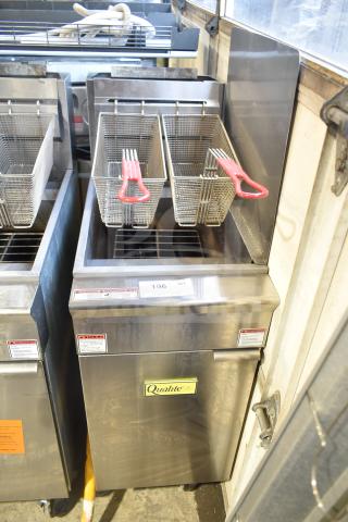 2024 Qualite QL-9/NG commercial gas fryer with 2 baskets, 90,000 BTU, on casters, stainless steel, excellent condition.