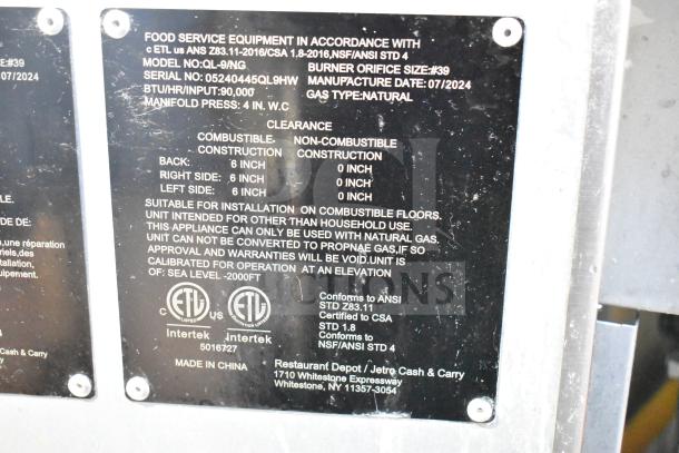 2024 Qualite QL-9/NG Natural Gas Deep Fat Fryer, 90,000 BTU, with 2 metal fry baskets, commercial casters, and specification tag.