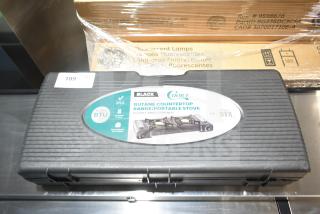 BRAND NEW Choice 472BR215 2-Burner Butane Range in case, 30,000 BTU, brass burner, portable, label visible, minor scratches.
