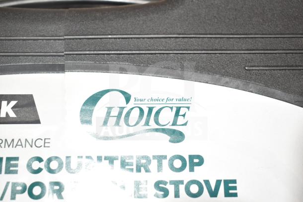 BRAND NEW SCRATCH AND DENT! Choice 472BR215 2-Burner Butane Stove, 30000 BTU, with brass burner, label shown.