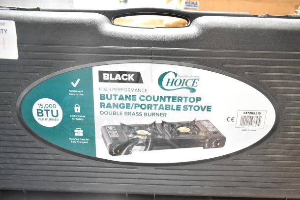BRAND NEW Choice 472BR215 2-Burner Butane Range, black, 30000 BTU, brass burner, in carrying case, tag #472BR215 visible.