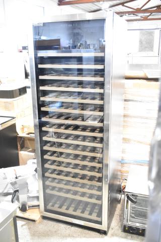 Brand new AvaValley 342WRC220SZ single temp commercial wine cooler, full glass door, wood shelves, 115V, minor scratches.