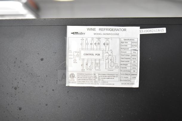 AvaValley 342WRC220SZ wine cooler tag details; single temperature, 115V, 1 phase, 600L capacity, scratch and dent condition.