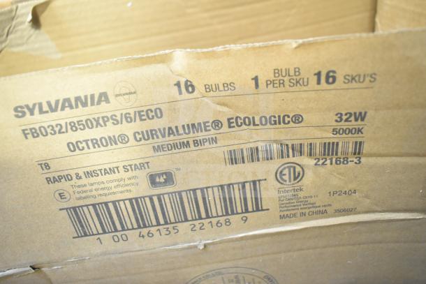 Sylvania fluorescent tube light box label, FBO32/850XPS/6/ECO, Octron Curvalume Ecologic, 32W, 5000K, 16 bulbs, ETL listed.
