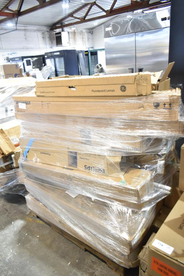 Pallet of 20 brand new GE and Philips fluorescent tube lights in original packaging, scratch and dent sale.