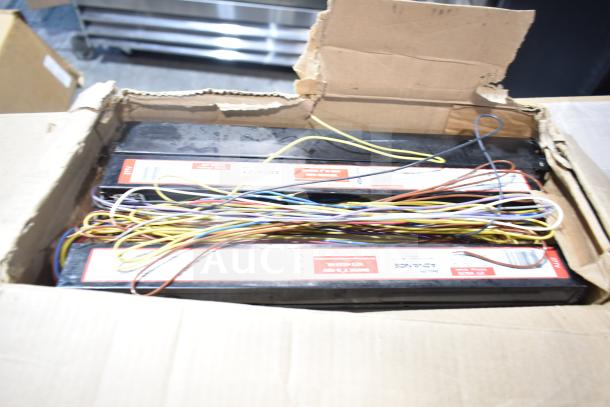 Box of 20 brand new scratch and dent GE/Philips fluorescent tube lights with wiring visible, ready for auction.