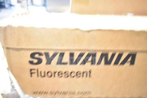 Cardboard box labeled "SYLVANIA Fluorescent" containing 20 new scratch and dent fluorescent tube lights by GE/Philips.