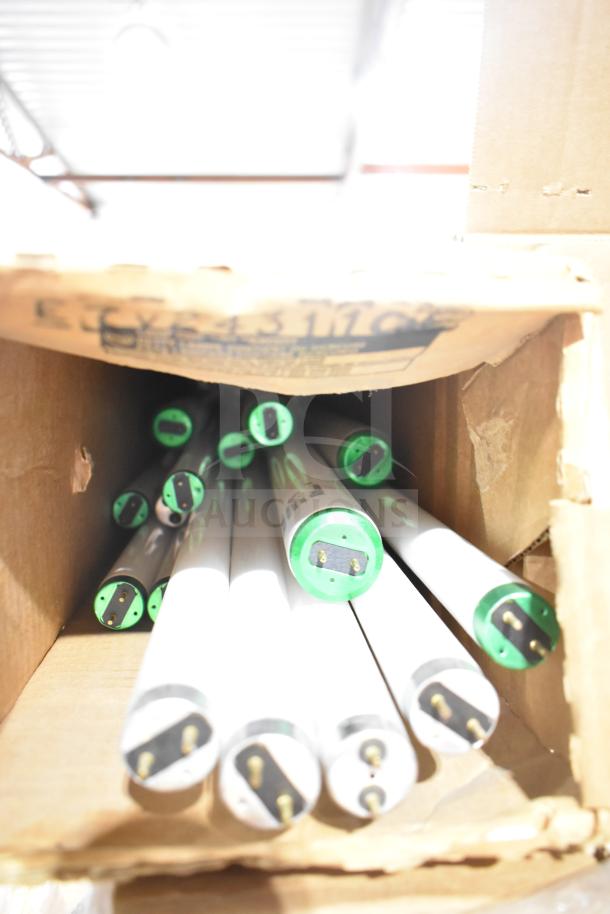 Box of 20 brand new GE/Philips fluorescent tube lights, scratch and dent, green and white, visible packaging.
