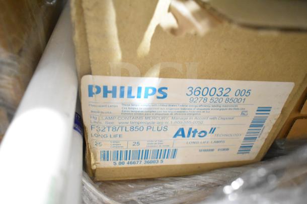 Philips fluorescent tube lights packaging. Label reads "F32T8/TL850 PLUS, Alto Technology, 25 lamps."
