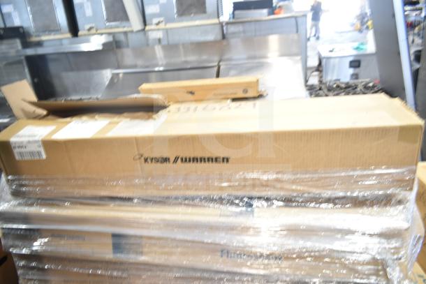 Cardboard boxes of GE and Philips fluorescent tube lights, brand new but with scratches and dents, visible on stacked pallets.