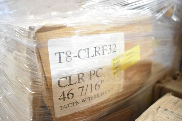 Packaged fluorescent tube lights labeled T8-CLRF32, 24 per carton, brand new, some with minor cosmetic damage.