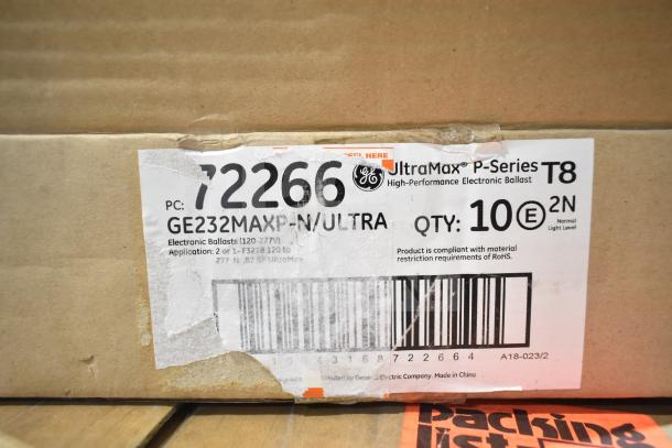 Box of brand new GE UltraMax P-Series T8 electronic ballasts, model GE232MAXP-N/ULTRA, RoHS compliant, quantity 10.
