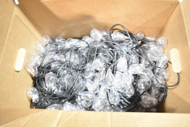 Cardboard box filled with clear string lights, new condition. Auction includes GE ballasts and DualLite LED emergency light back box.