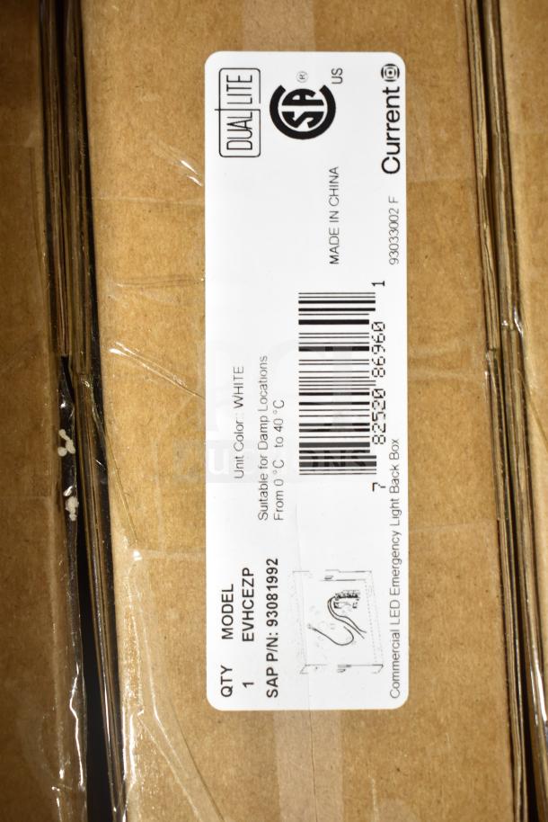 12 new scratch and dent items including GE ballasts, DualLite LED emergency light back box, model EVHCEZP, white.