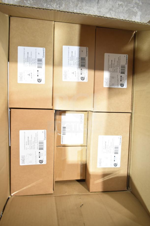 Box of 12 new scratch and dent items, including GE ballasts and DualLite LED emergency light back boxes, labeled.