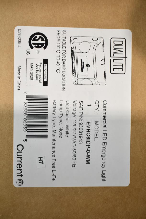 alt="Box label for DualLite LED Emergency Light Model EVHC6IDP-0-WM, for damp locations, 120/277VAC, white color, maintenance free."
