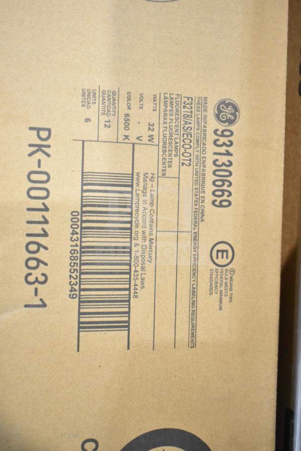 Box labeled "GE Fluorescent Lamps" with model F32T8/XL/SEC00/12, 32V, 6500K color temperature, 12 lamps, new condition.