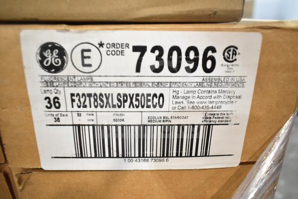 "GE fluorescent lamps label, order code 73096, F32T8SXLSPX50ECO, 36 lamps, 5000K finish, assembled in USA."