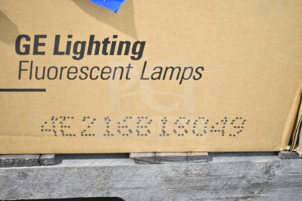 Cardboard box labeled "GE Lighting Fluorescent Lamps" with product code E2168180049, part of 32-item scratch and dent auction.