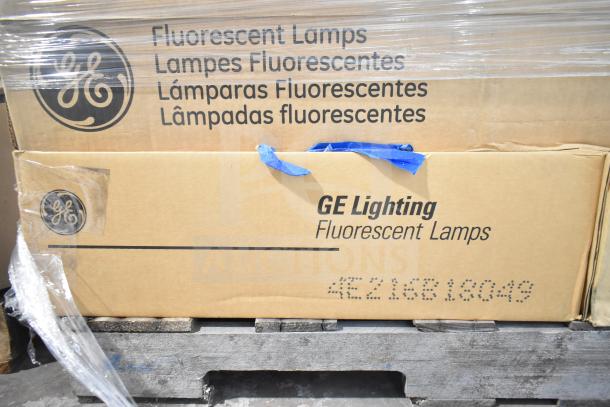 32 brand new scratch and dent items including ballasts, fan, and GE Lighting fluorescent lamps on pallet.