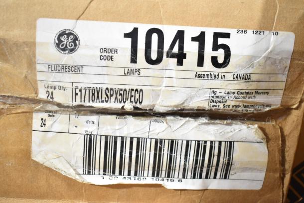 Box of 24 GE fluorescent lamps, model F17T8XLSPX50/ECO, new, assembled in Canada, with a scratch and dent condition.