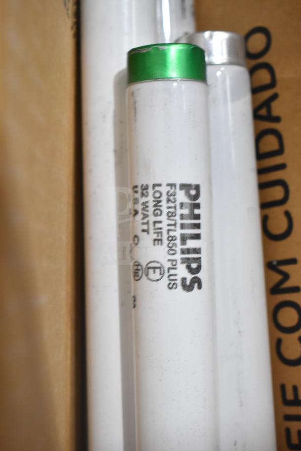 Philips F32T8 fluorescent tube lights, 32W, long life, USA-made, in brand new condition, minor cosmetic scratches.