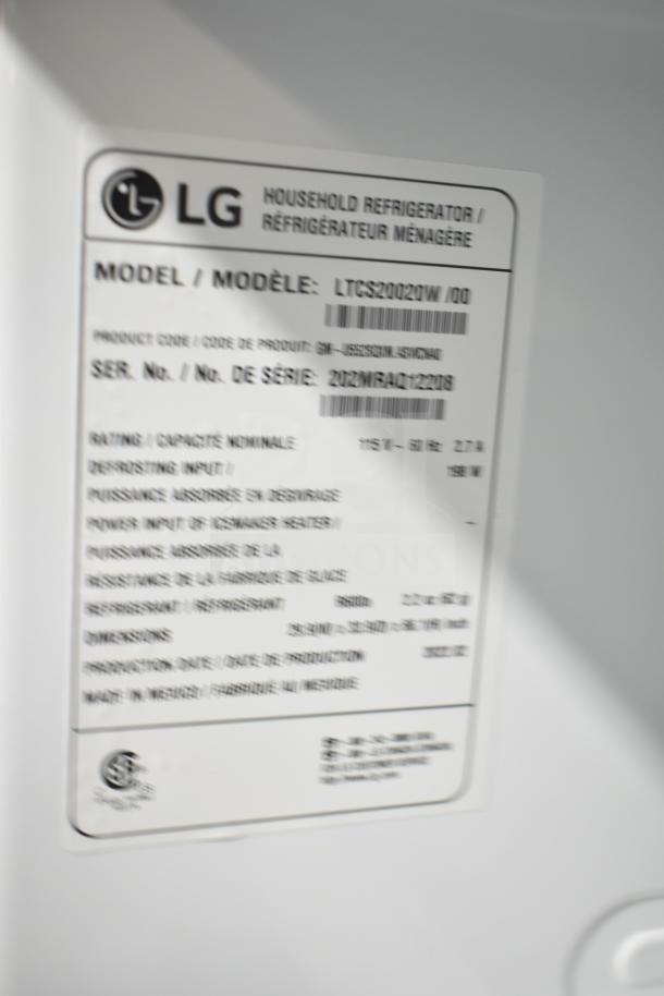LG LTCS20020W/00 Reach In Cooler with Freezer, 115 Volts, 1 Phase, model and serial number label, manufactured in Mexico.