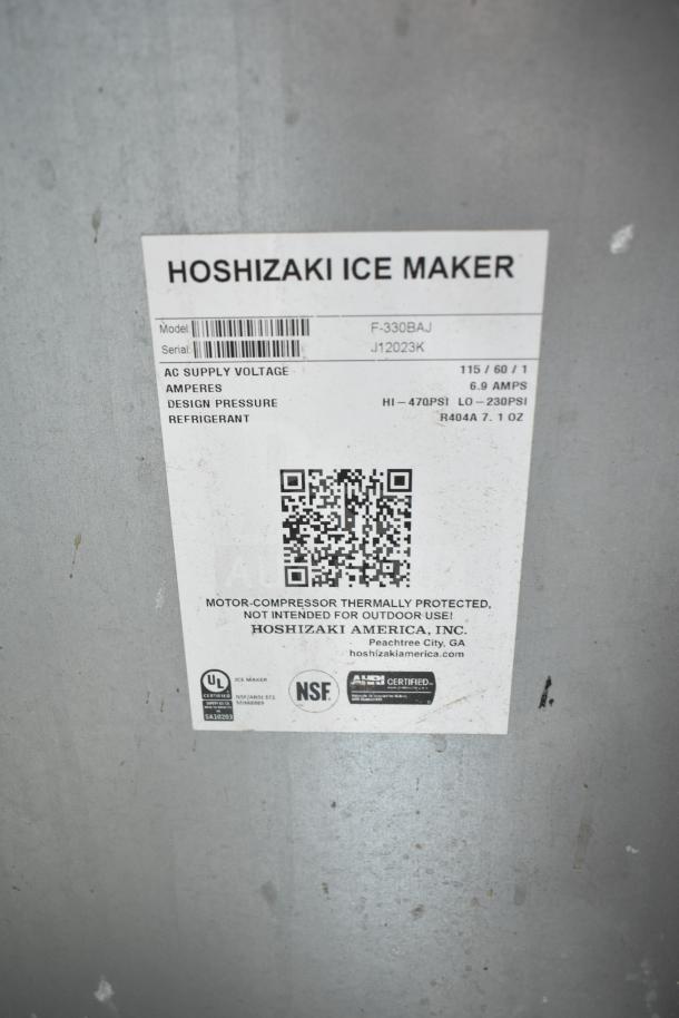 Hoshizaki F-330BAJ ice machine label with model, serial number, voltage info, and certifications.