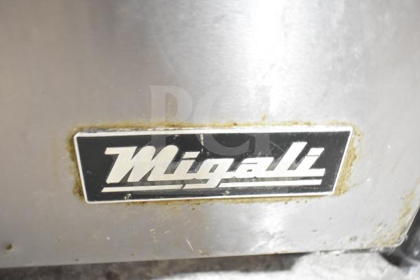Migali logo on the stainless steel exterior of the C-SP72-30BT commercial sandwich salad prep table.