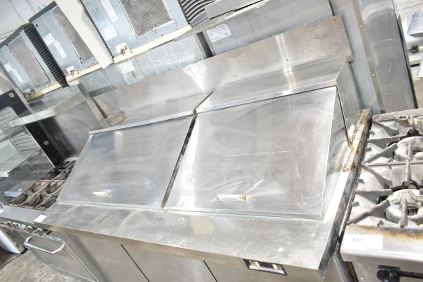 2017 Migali C-SP72-30BT sandwich prep table, stainless steel, commercial casters, visible wear, 115 V, 1 phase.