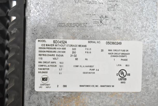 Manitowoc SD0452A Ice Machine with SPA310 Dispenser, 115V, 1 Phase, detailed specifications label shown.