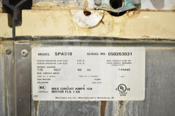 Manitowoc SD0452A Ice Machine Head on SPA310 Dispenser, 115V, 1 Phase. Visible label with model and serial number. Used condition.