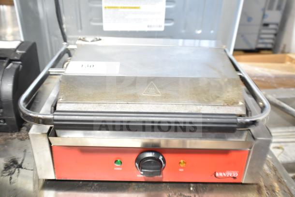 Avantco countertop panini press, stainless steel top, temperature control knob, red base, power and heat indicators.