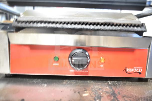 Avantco Countertop Panini Press with grooved plates, visible power and hot indicators, and temperature dial. Good condition.