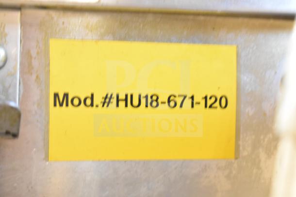 CresCor HU18-671-120 heated holding cabinet label, showing model number on a yellow background.