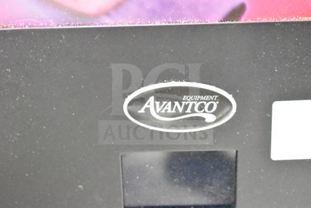 Avantco 177PBD3 powdered cappuccino/hot chocolate machine logo. Black surface, clear branding. 120 volts, 1 phase.