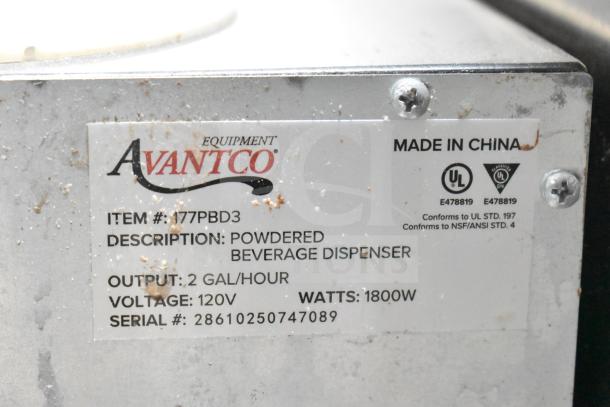 Avantco 177PBD3 powdered beverage dispenser label indicating 120V, 1800W, item in used condition, made in China.