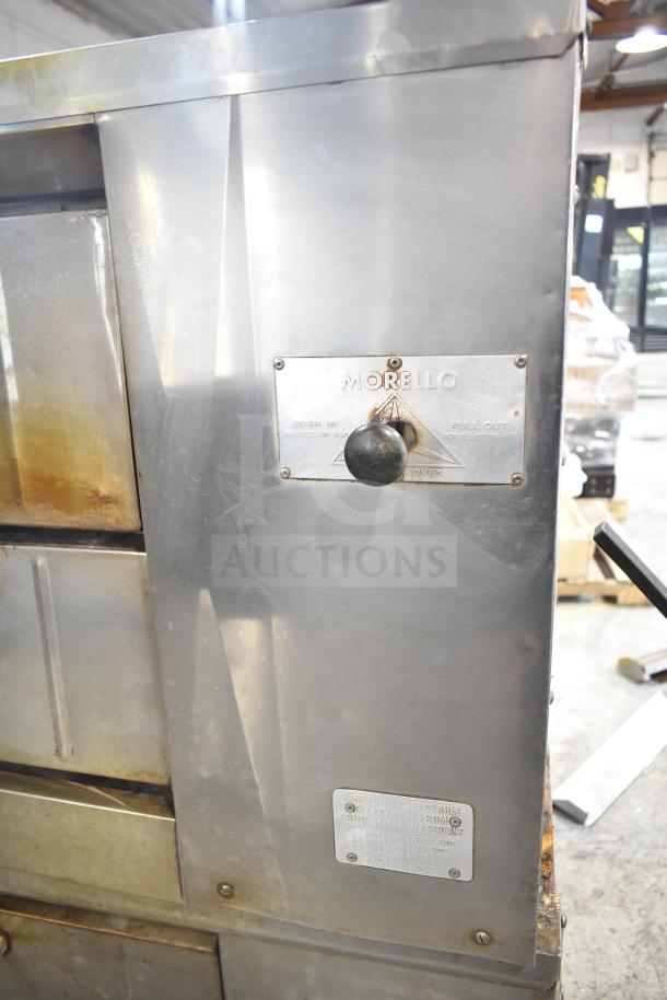 Bakers Pride DS-805 commercial natural gas pizza oven, stainless steel, visible wear, Morello dial, model tag.