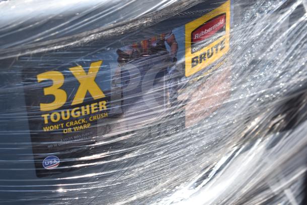 8 bundled gray Rubbermaid Brute poly trash cans labeled "3X Tougher." Condition: New, durable design.