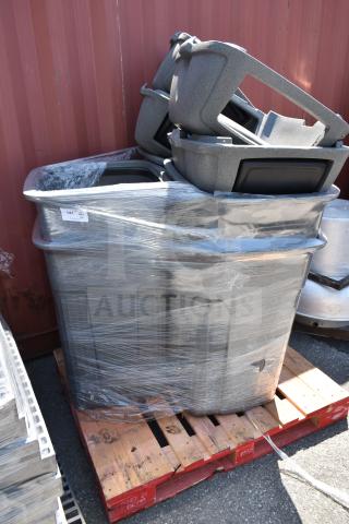 Set of 6 gray poly trash cans, stacked on a pallet, wrapped in plastic. New condition. Auction lot 141.