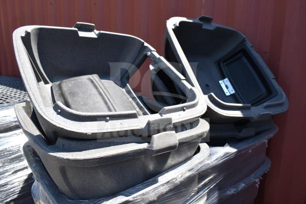 6 gray poly trash cans, stacked, in new condition. Initial bid multiplies by six. Durable plastic, ideal for commercial use.