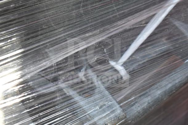 15 gray poly trash cans wrapped in plastic film, indicating bundled auction lot.