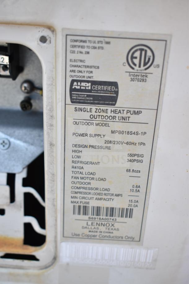 Lennox MPB018S4S-1P Single Zone Heat Pump label showing model, power supply, design pressure, and refrigerant details.