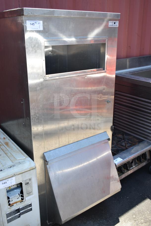 MGR Commercial Ice Bin, stainless steel, large capacity, MGR branding visible, used condition, with front access door.