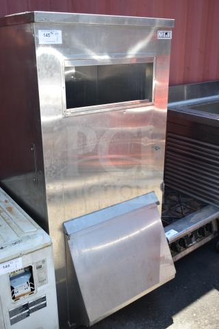 MGR Commercial Ice Bin, stainless steel, large capacity, MGR branding visible, used condition, with front access door.