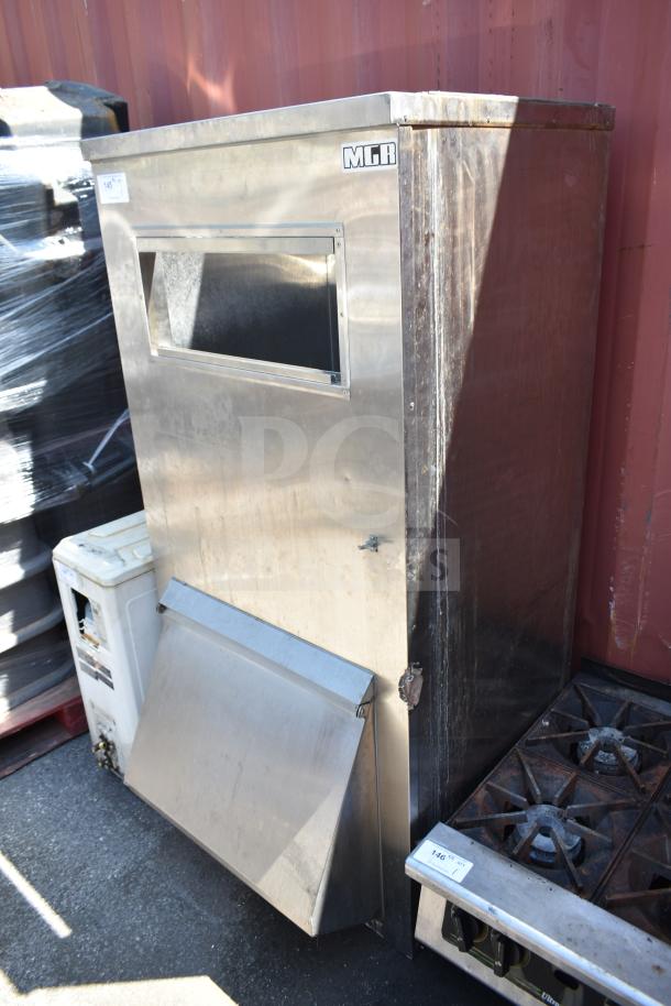 MGR Commercial Ice Bin, stainless steel, used condition, visible MGR logo, front access door, slight wear marks.