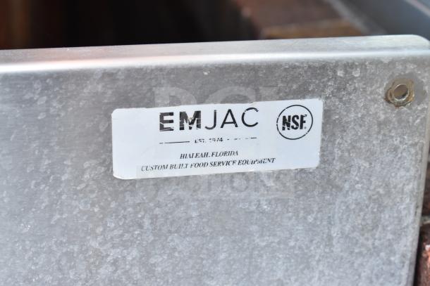 Label on a commercial work station with Alto Shaam 200-CW cold pan drop-in, 2 round steam wells. Marked EMJAC, NSF certified.